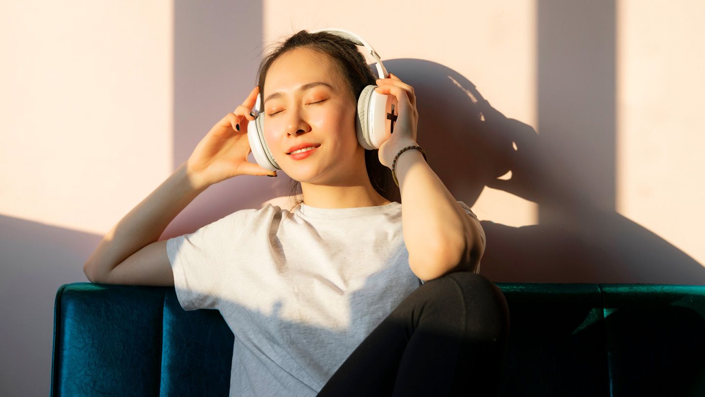 happy woman listening with music